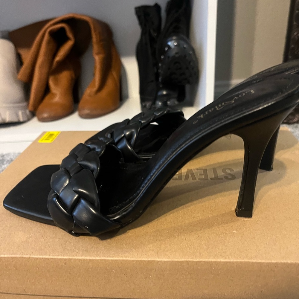 Black mule heels size 6.5 heel height around 4 in worn only once -Lov Mark brand